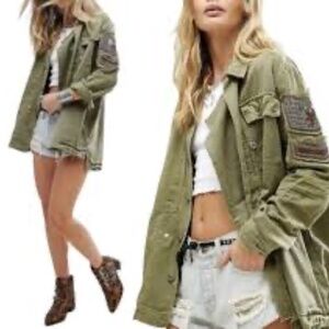 Free People Shirt Jacket Womens Sz XS Green Utility Military Beaded Distressed
